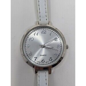 Silver Tone Dial Round Case White Faux Leather Band Watch Needs Battery
